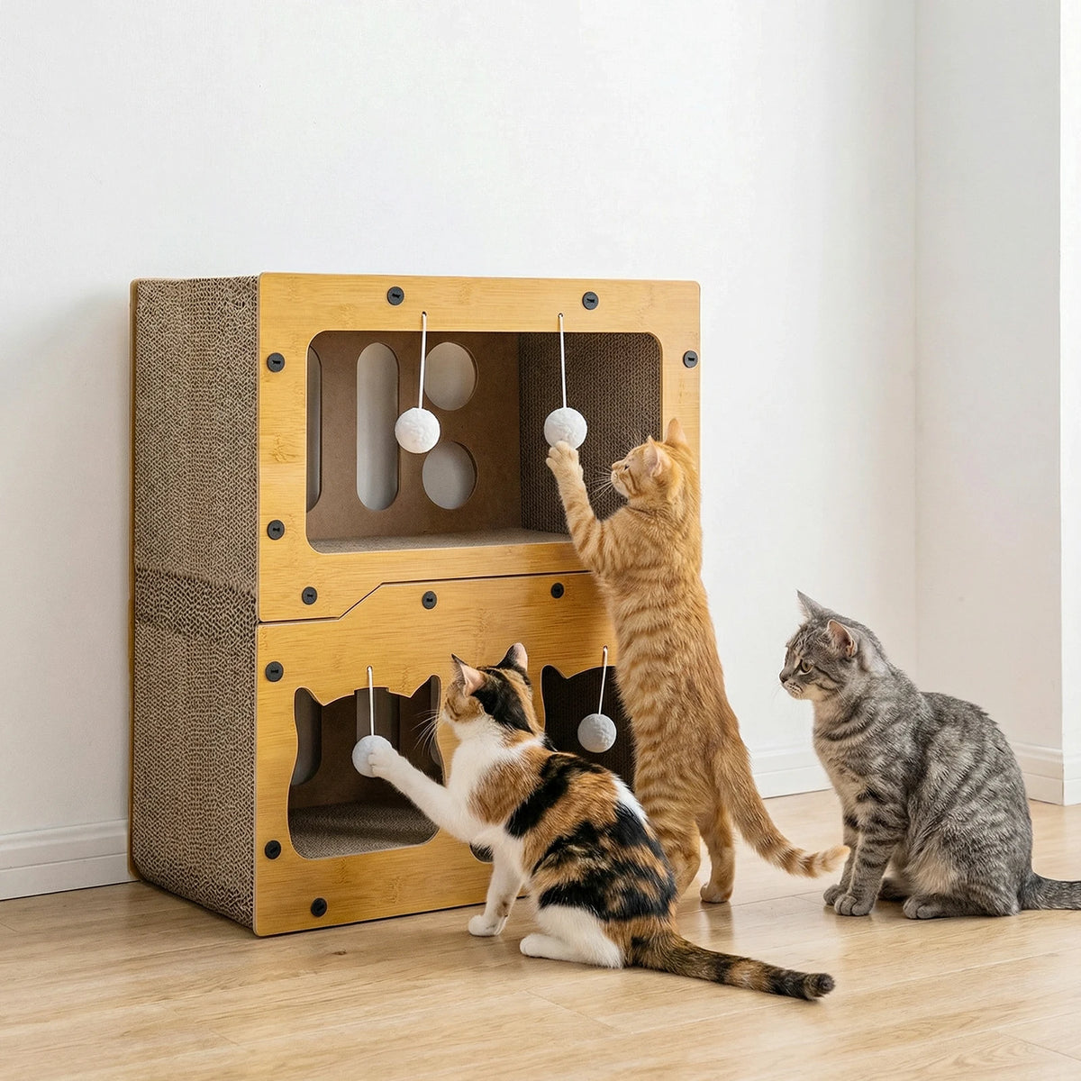 Chats sur une maison griffoir en carton à trois niveaux