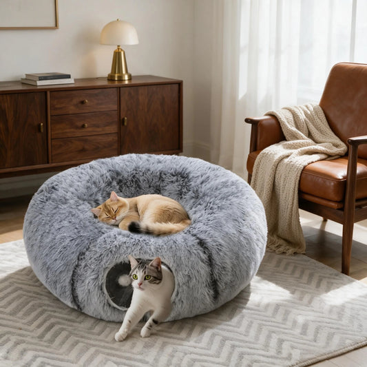 Tunnel et panier combinés en peluche pour chat