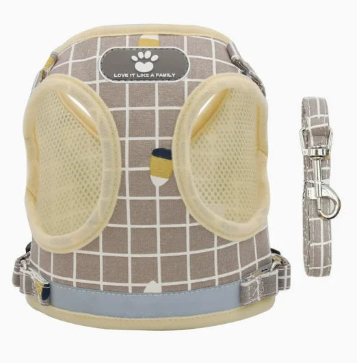 Harnais gilet à carreaux et laisse pour petit chien