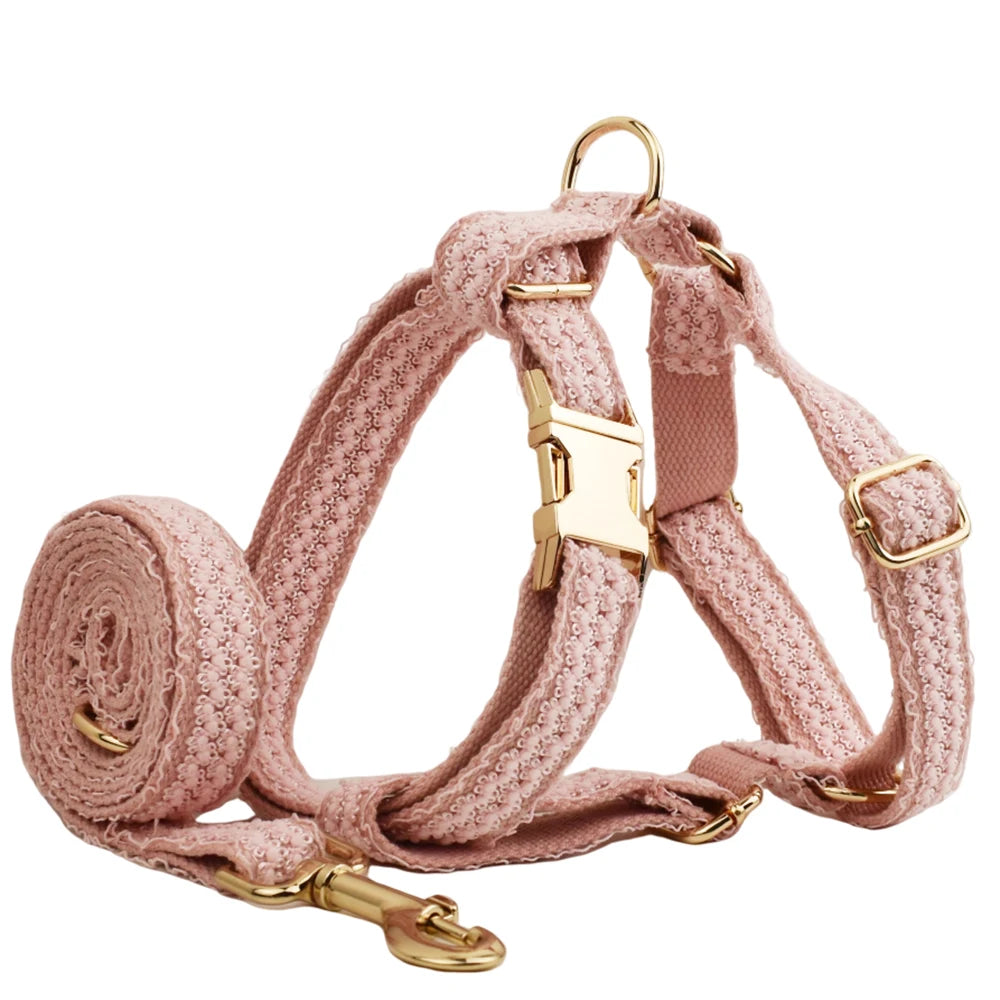 Harnais, collier et laisse tissés roses pour chien