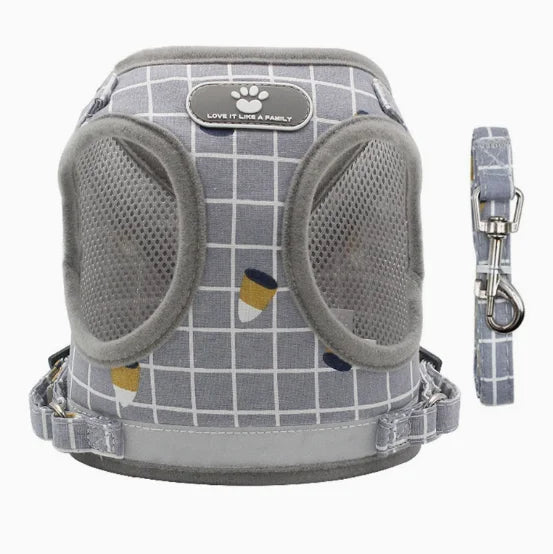 Harnais gilet à carreaux et laisse pour petit chien