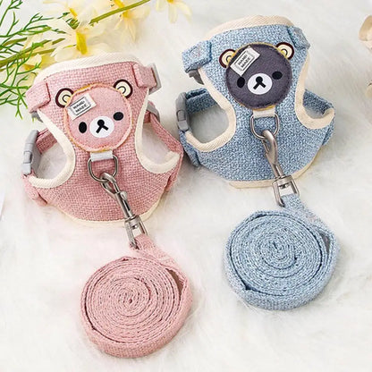 Harnais gilet ourson rose et bleu avec leurs laisses assorties