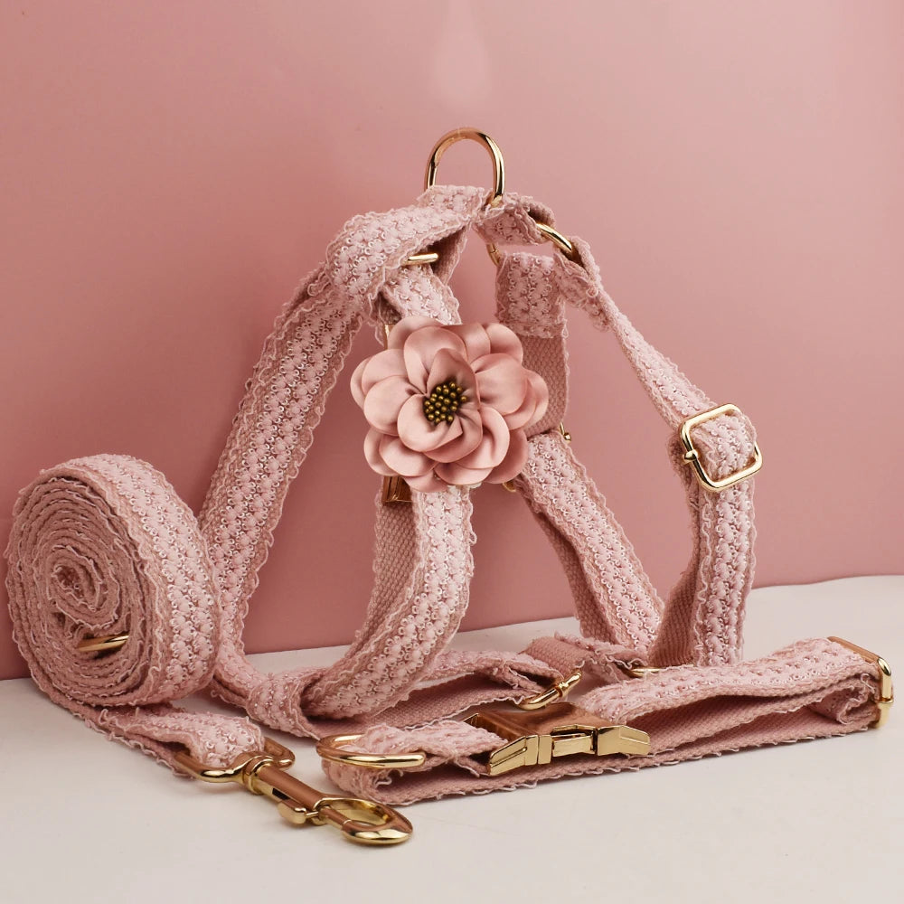 Harnais, laisse et fleur tissés roses à boucles dorées pour chien