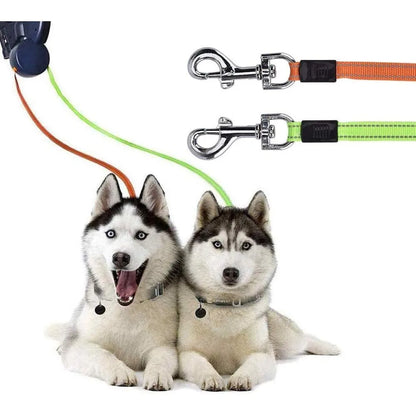 Laisse enrouleur double pour deux chiens, avec lampe