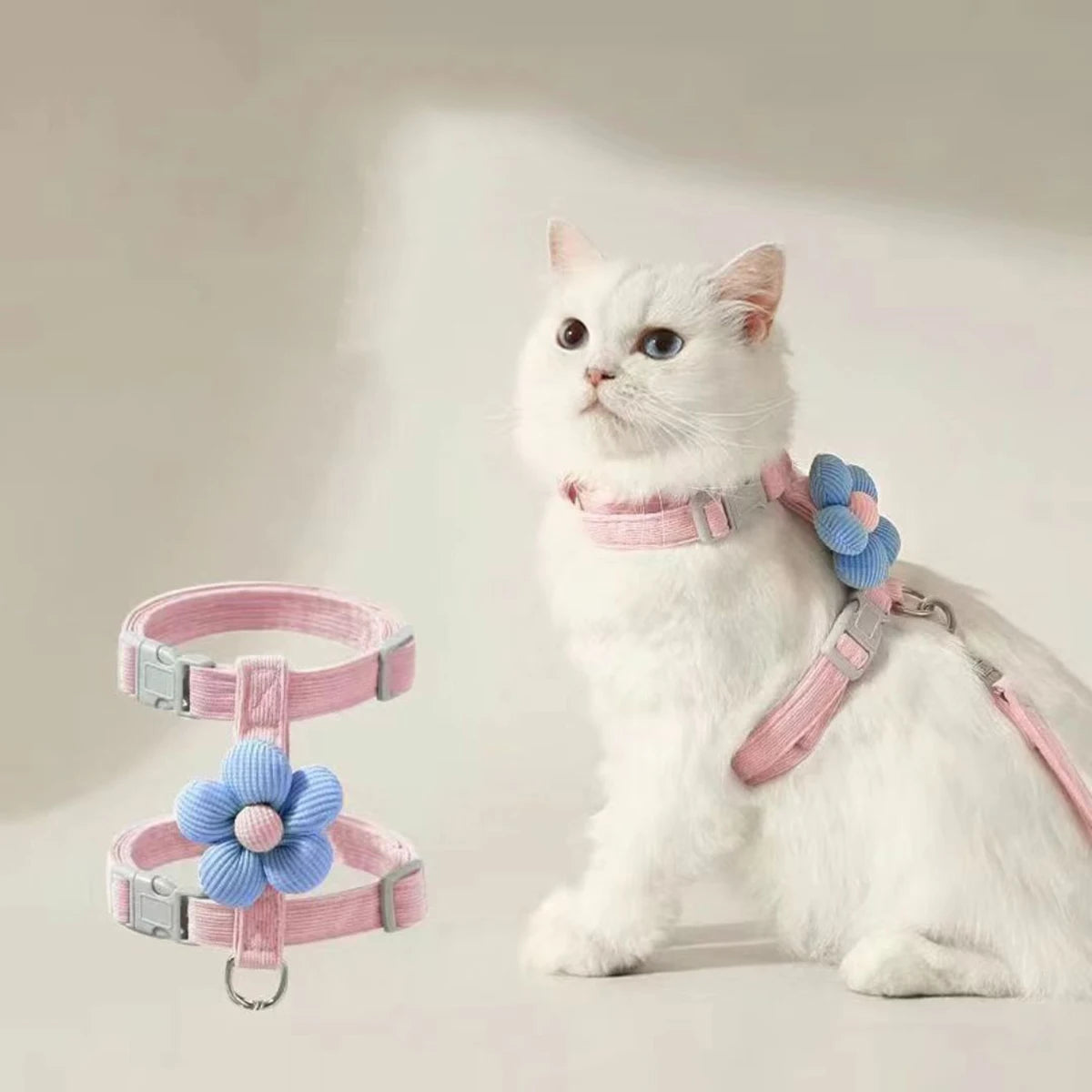 Harnais et laisse pour chat, décor fleur ou animal