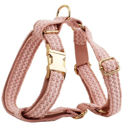 Harnais, collier et laisse tissés roses pour chien